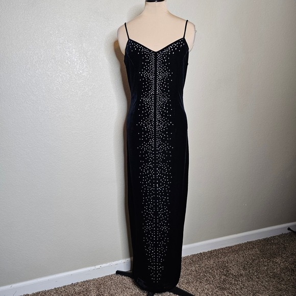 Vintage Dresses & Skirts - Vintage 90s Y2K Black Velvet Maxi Slip Dress Evening Gown Formal Silver glitter